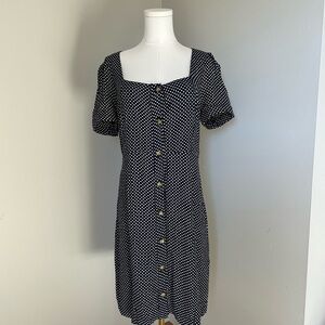 Maeve by Anthropologie Elegant, Puff Sleeve Navy Polka Dot Dress